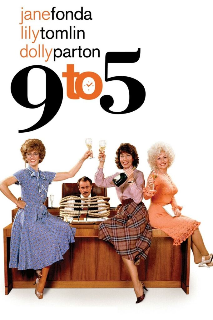 The Women (left to right) is JANE FONDA as Judy Bernly, LILY TOMLIN as LiLy Violet Newstead, ,and DOLLY PARTON as Doralee Rhodes.
Man tied up in the back is DABNEY COLEMAN as Franklin Hart Jr